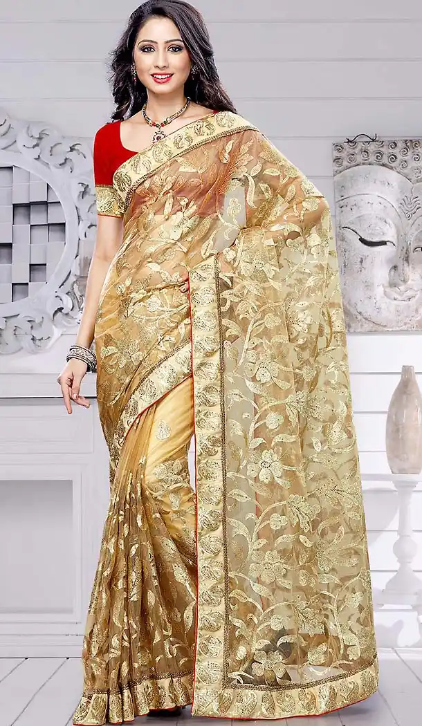 Womens Embroidered Beige Color Net Party Wear Saree | FH465672575