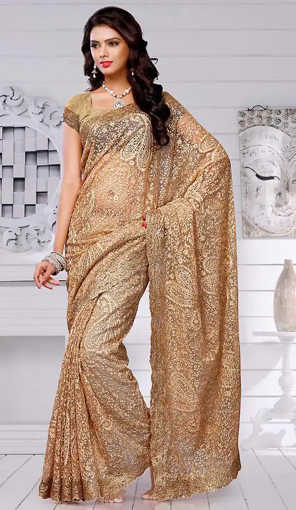 Net Embroidered Beige Color Party Wear Saree | FH465672576