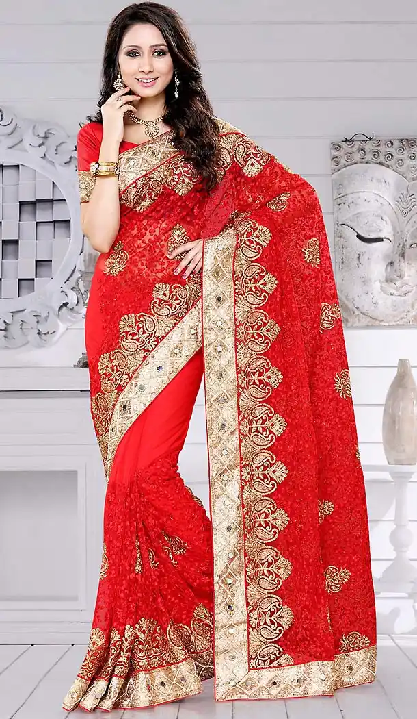 Net Embroidered Deep Scarlet Color Party Wear Saree | FH465672578