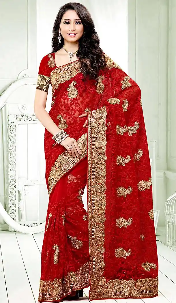 Embroidered Deep Scarlet Color Net Party Wear Saree | FH465672579