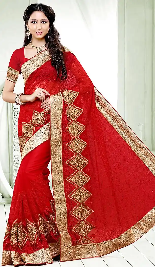 Deep Scarlet Color Embroidered Net Party Wear Saree | FH465672580
