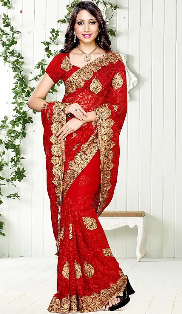 Deep Scarlet Color Embroidered Net Party Wear Saree | FH465672581