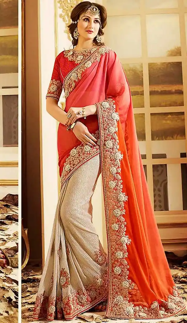Orange Color Lycra Embroidered Saree Blouse | FH465872584