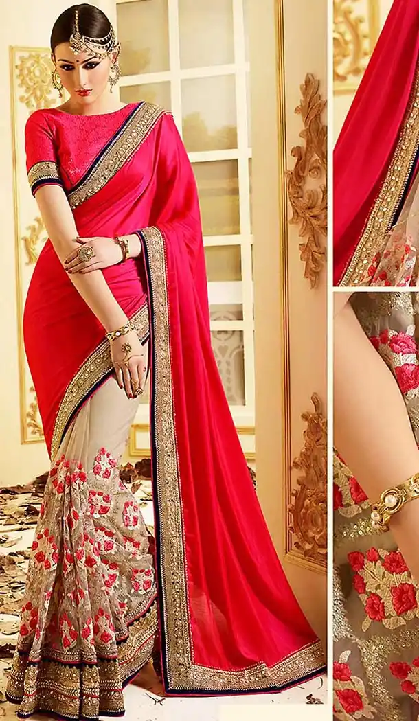 Deep Pink Color Chiffon and Net Embroidered Saree Blouse | FH465872588