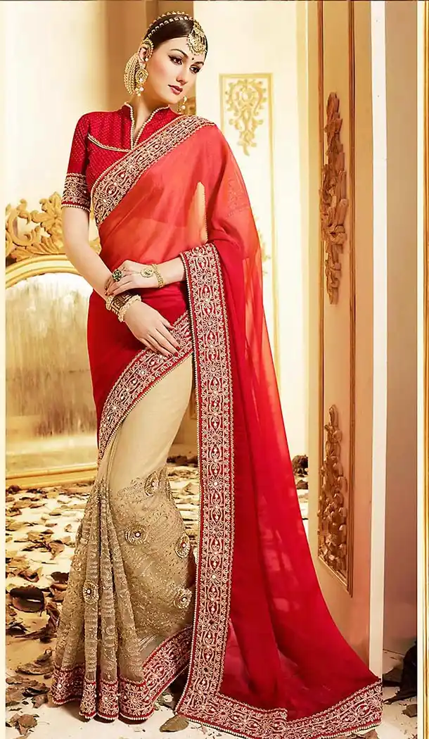 Red Color Georgette and Net Embroidered Saree Blouse | FH465872592