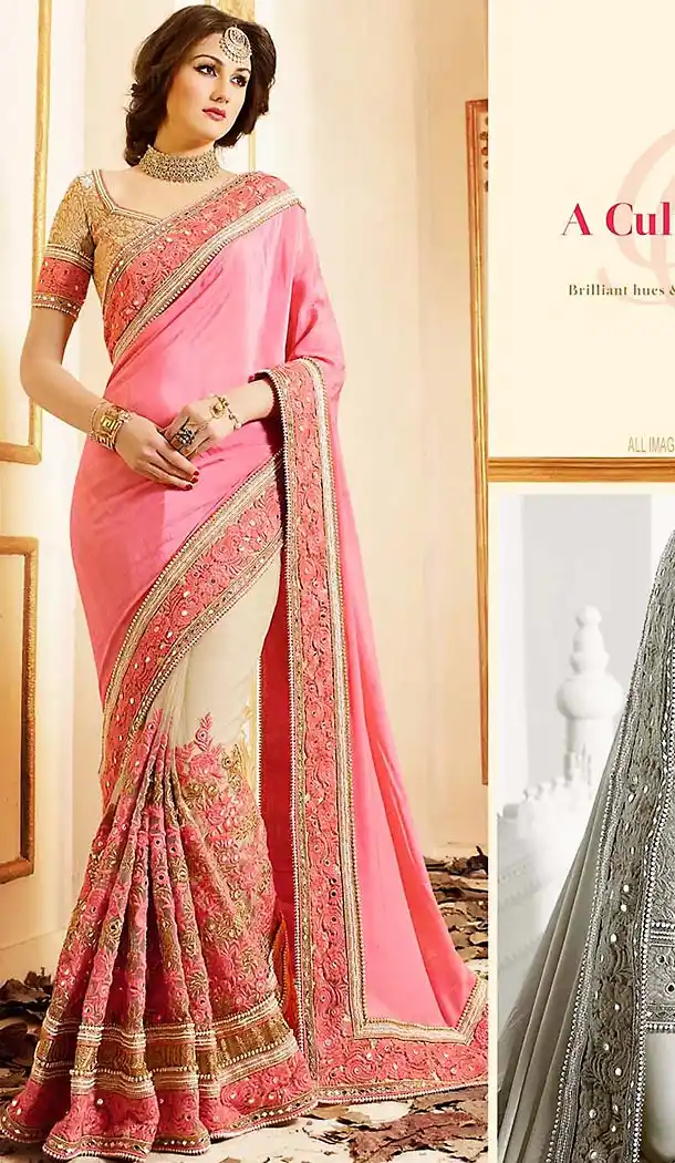 Salmon Color Chiffon and Net Embroidered Saree Blouse | FH465972594