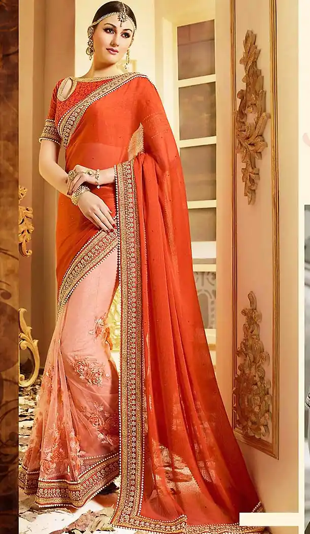 Deep Orange Color Chiffon and Net Embroidered Saree Blouse | FH465972596