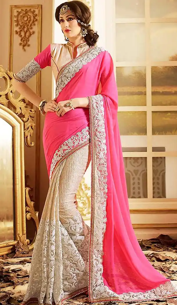 Rose Pink Color Chiffon and Net Embroidered Saree Blouse | FH465972597