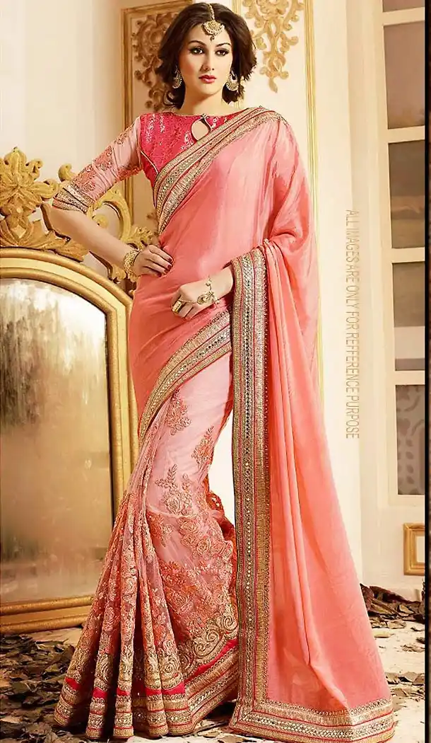 Salmon Color Chiffon and Net Embroidered Saree Blouse | FH465972598