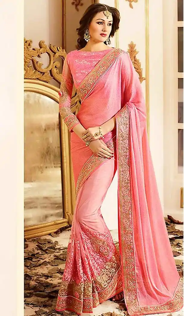 Salmon Color Chiffon and Net Embroidered Saree Blouse | FH465972601