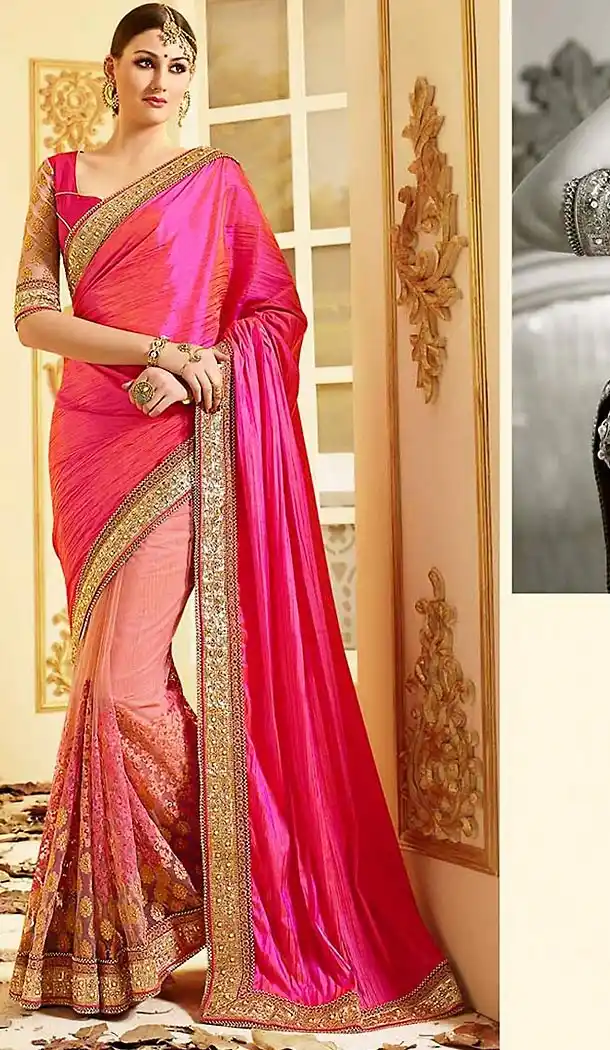 Salmon Color Net and Silk Embroidered Saree Blouse | FH465972603