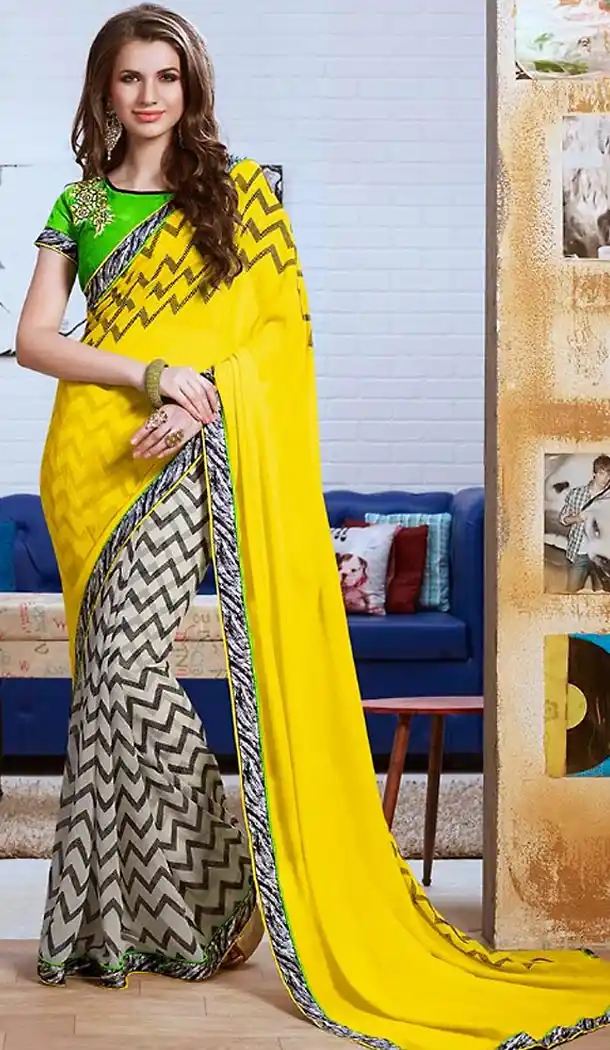 Yellow Color Georgette Graphic Print Saree | FH466072604