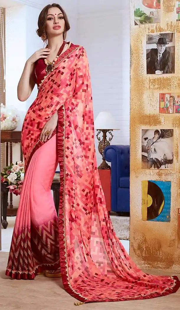 Salmon Color Georgette Graphic Print Saree | FH466072607