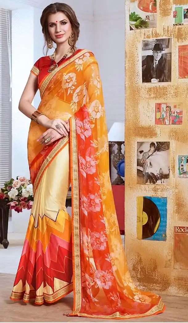 Graphic Print Saree in Georgette Orange Color | FH466072613