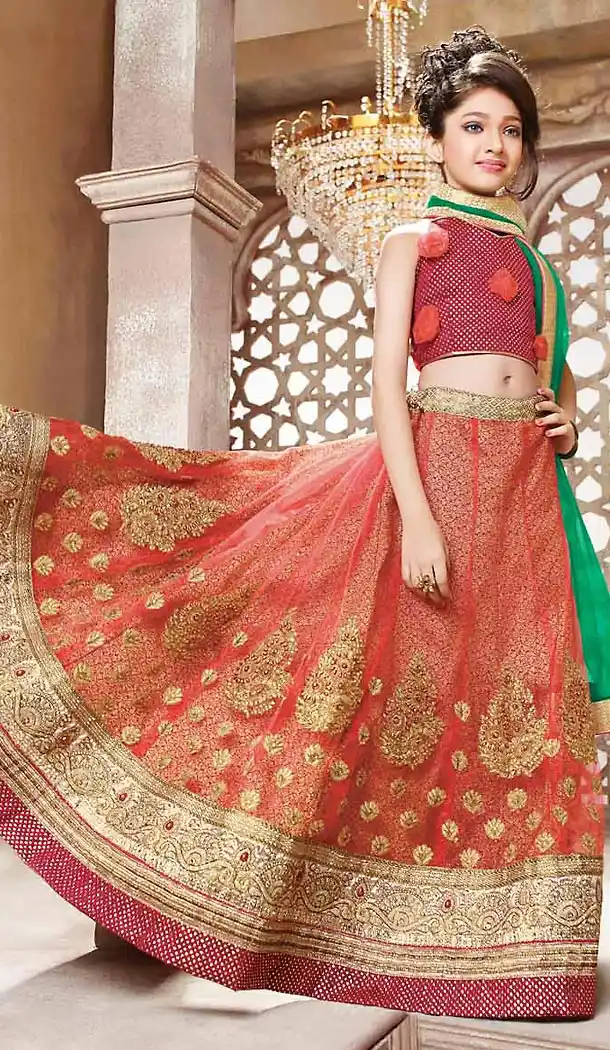 Salmon Color Net A Line Kids Girls Lehenga Cholis | FH467472756