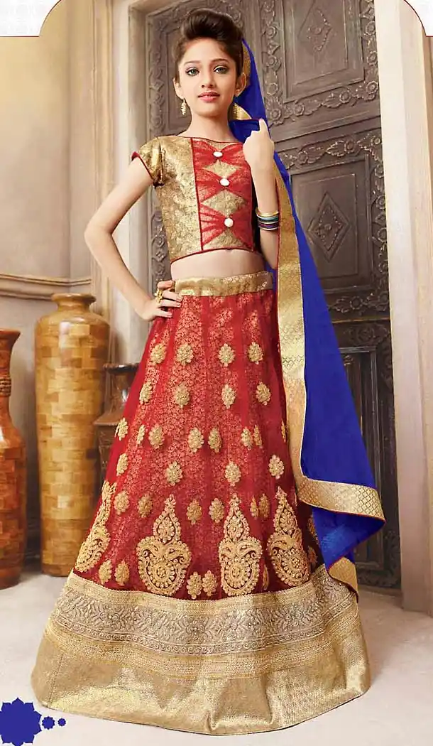 Red Color Net A Line Kids Girls Lehenga Cholis | FH467472758