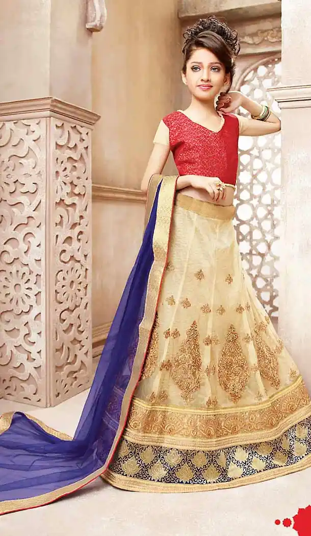 Beige Color Net A Line Kids Girls Lehenga Cholis | FH467472759