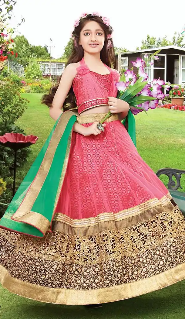 Salmon Color Net Circular Kids Girls Lehenga Cholis | FH467572766