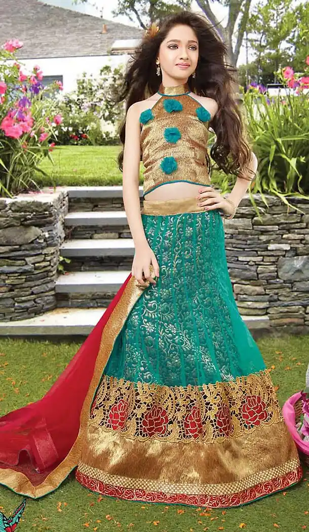 Greenish Blue Color Net Circular Kids Girls Lehenga Cholis | FH467572768