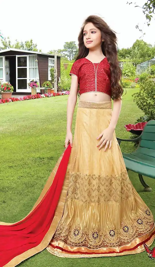 French Beige Color Net Circular Kids Girls Lehenga Cholis | FH467572770
