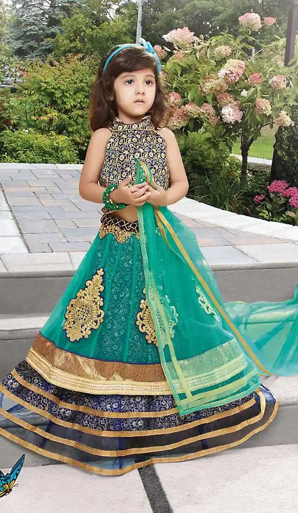 Emerald Color Net Circular Kids Girls Lehenga Cholis | FH467572773