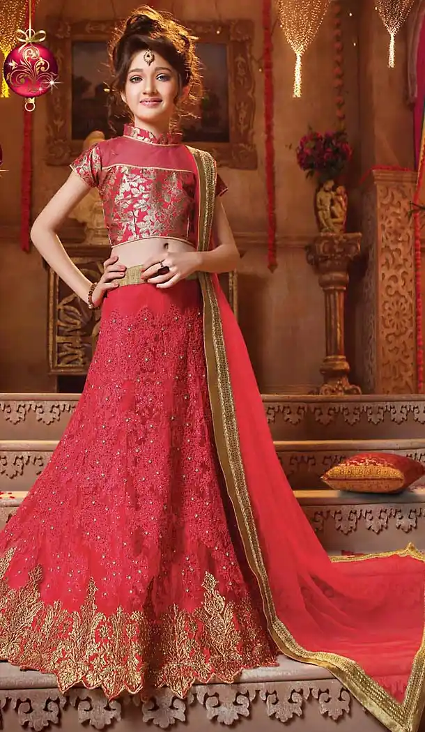 Crimson Color Net Circular Kids Girls Lehenga Cholis | FH467672775