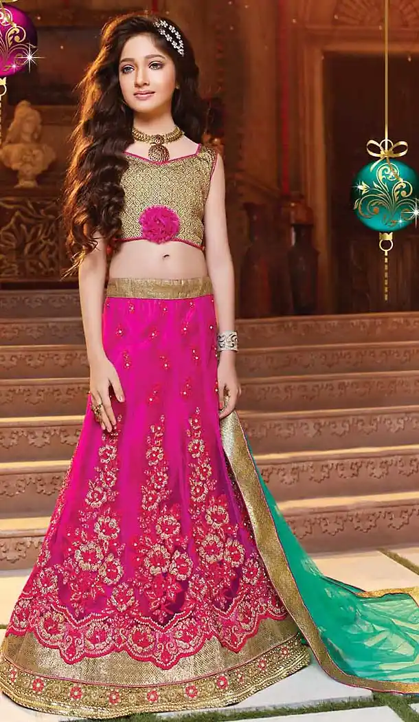 Deep Pink Color Net Circular Kids Girls Lehenga Cholis | FH467672778