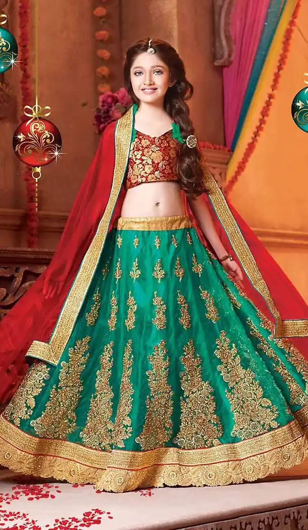 Emerald Color Net Circular Kids Girls Lehenga Cholis | FH467672780