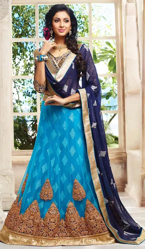 Sky Blue Color Net A Line Style Designer Lehenga Choli | FH467772788