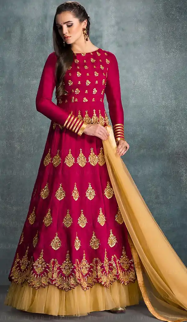 Deep Pink Color Silk A Line Style Long Anarkali Salwar Kameez | FH468472842