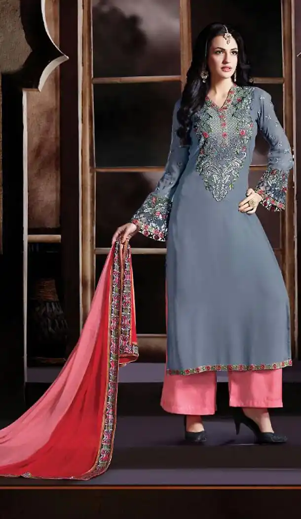 Slate Grey Color Georgette Straight Cut Stitched Palazzo Dress | FH468572849