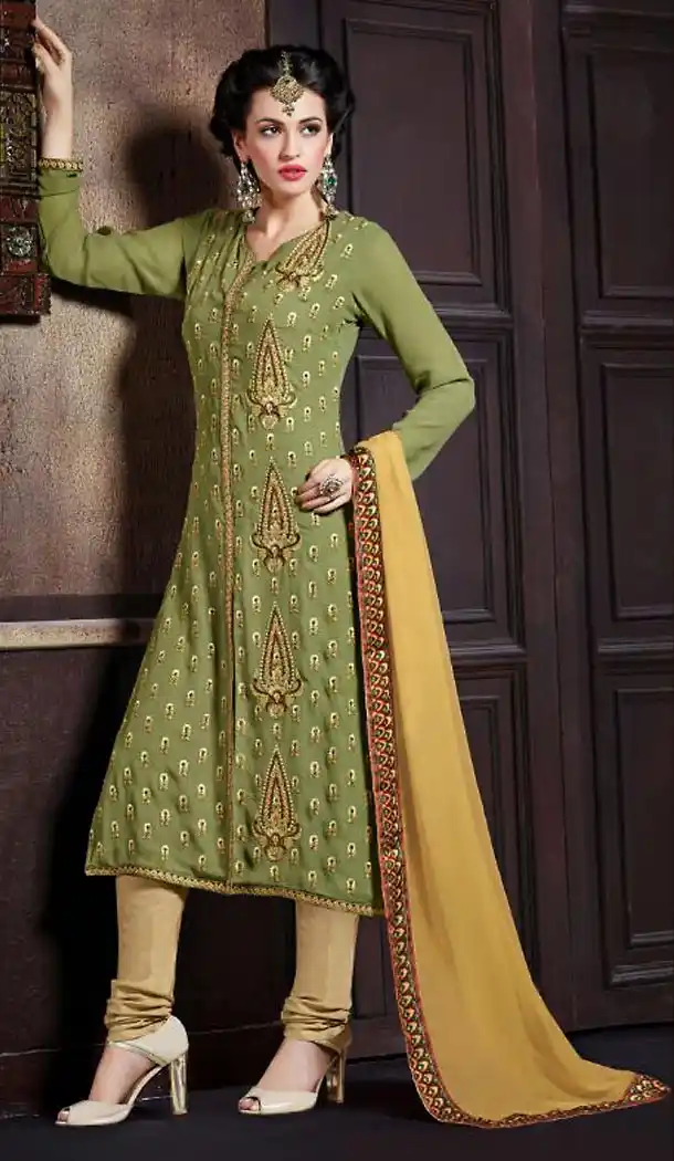 Chrome Green Color Georgette Straight Cut Stitched Churidar Dress | FH468572850