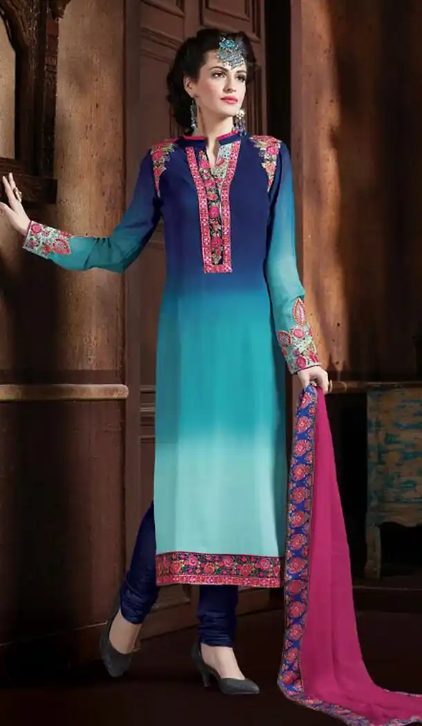 Navy Blue Color Georgette Straight Cut Stitched Churidar Dress | FH468572851