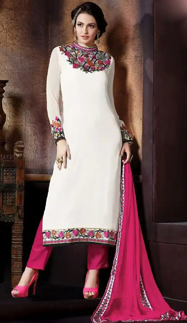 White Color Georgette Straight Cut Stitched Narrow Pants Dress | FH468572852