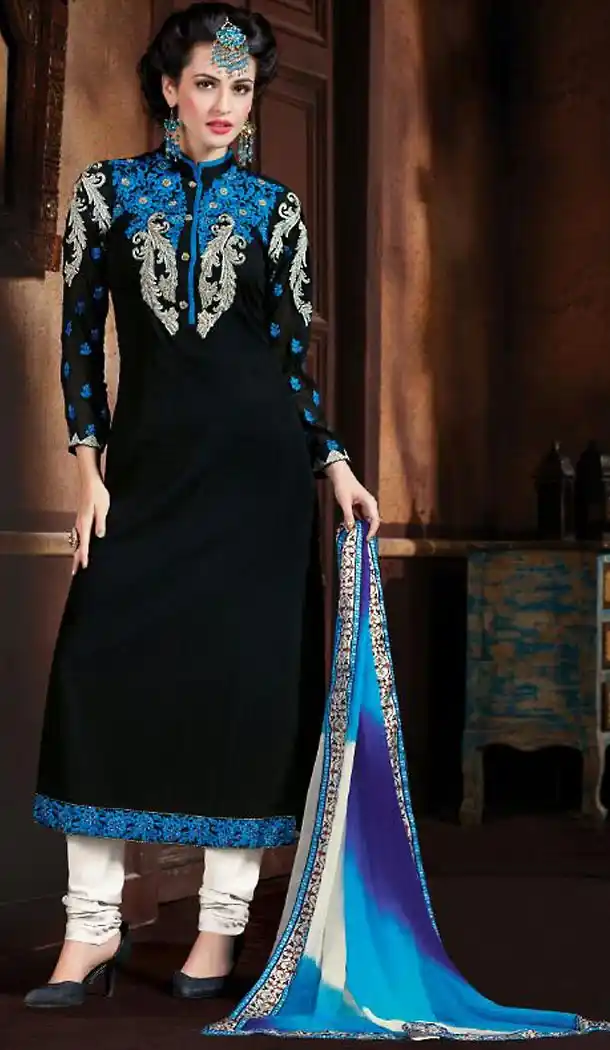Black Color Georgette Straight Cut Stitched Churidar Dress | FH468572853