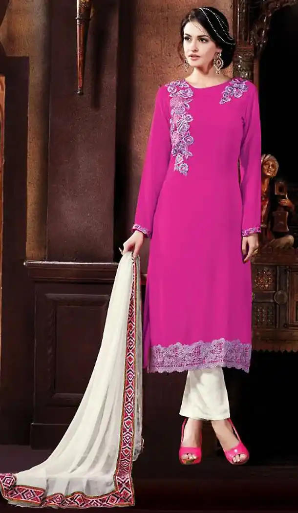 Deep Pink Color Georgette Straight Cut Stitched Narrow Pants Dress | FH468572854