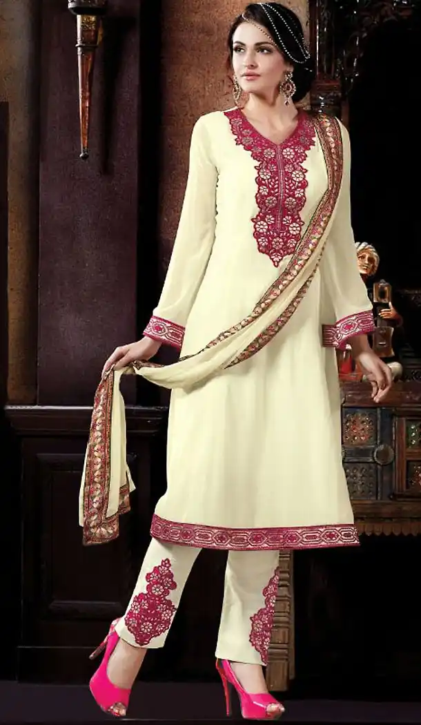Cream Color Georgette Straight Cut Stitched Narrow Pants Dress | FH468572856