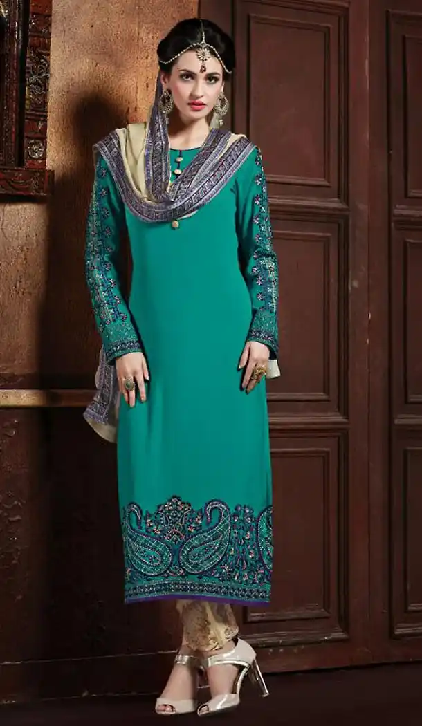 Emerald Color Georgette Straight Cut Stitched Narrow Pants Dress | FH468572857