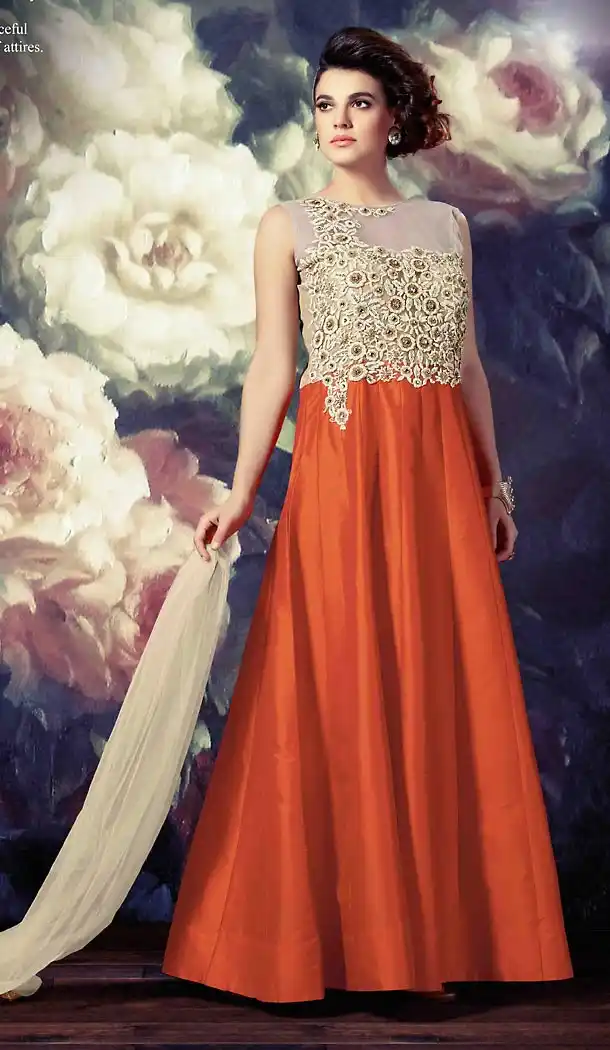 Orange Color Silk A Line Style Stitched Narrow Pants Suits | FH468672860