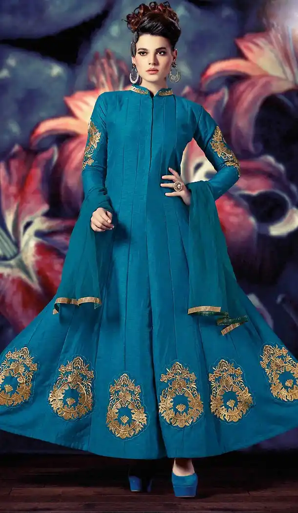 Steel Blue Color Banarasi Silk A Line Style Stitched Narrow Pants Suits | FH468672862