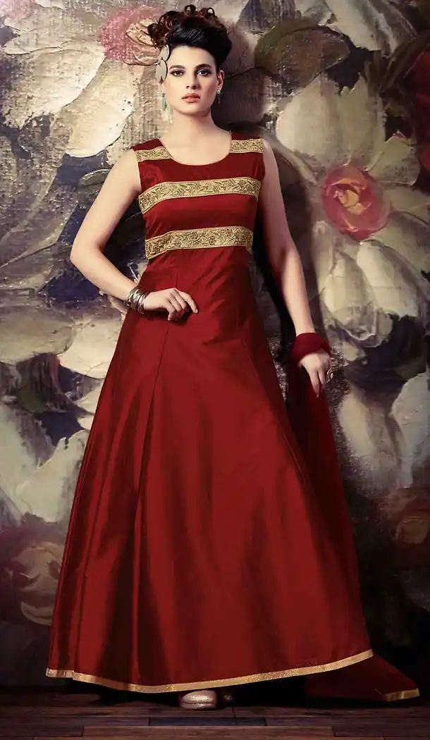 Maroon Color Silk A Line Style Stitched Narrow Pants Suits | FH468672863