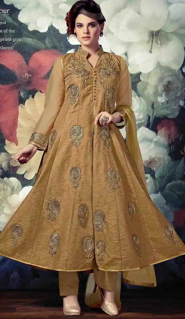 Brown Color Banarasi Silk Achkan Style Stitched Narrow Pants Suits | FH468672864