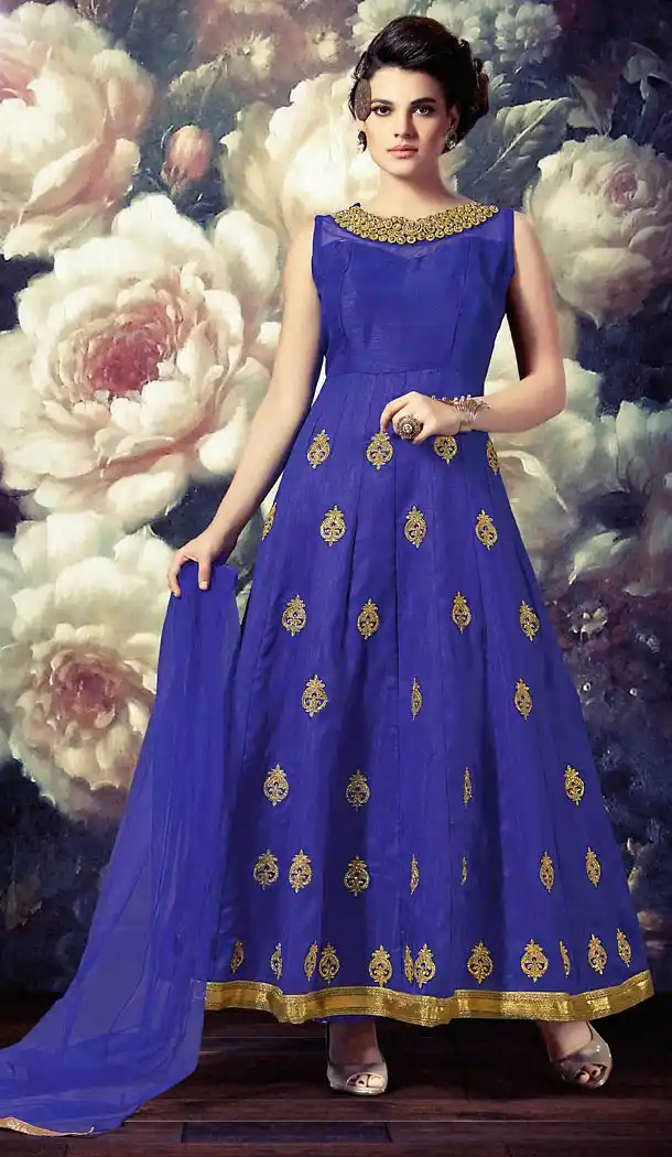 Blue Color Banarasi Silk Anarkali Style Stitched Narrow Pants Suits | FH468672866