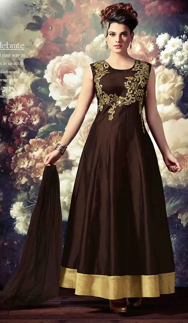 Chocolate Color Silk Anarkali Style Stitched Narrow Pants Suits | FH468672867