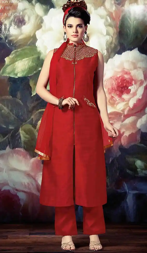 Red Color Banarasi Silk Achkan Style Stitched Narrow Pants Suits | FH468672868