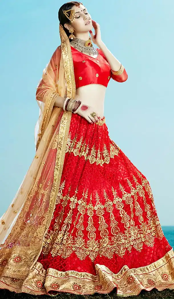 Circular Style Deep Scarlet Net Lehenga Choli | FH468972891