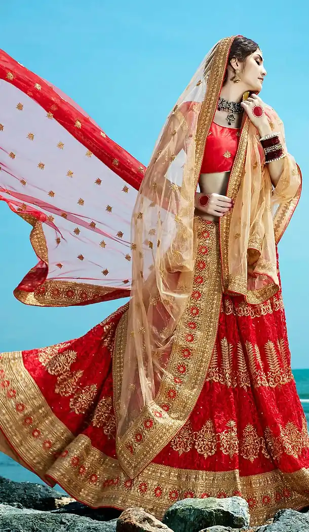 Women's Net Fabric Circular Style Deep Scarlet Lehenga Choli | FH468972894