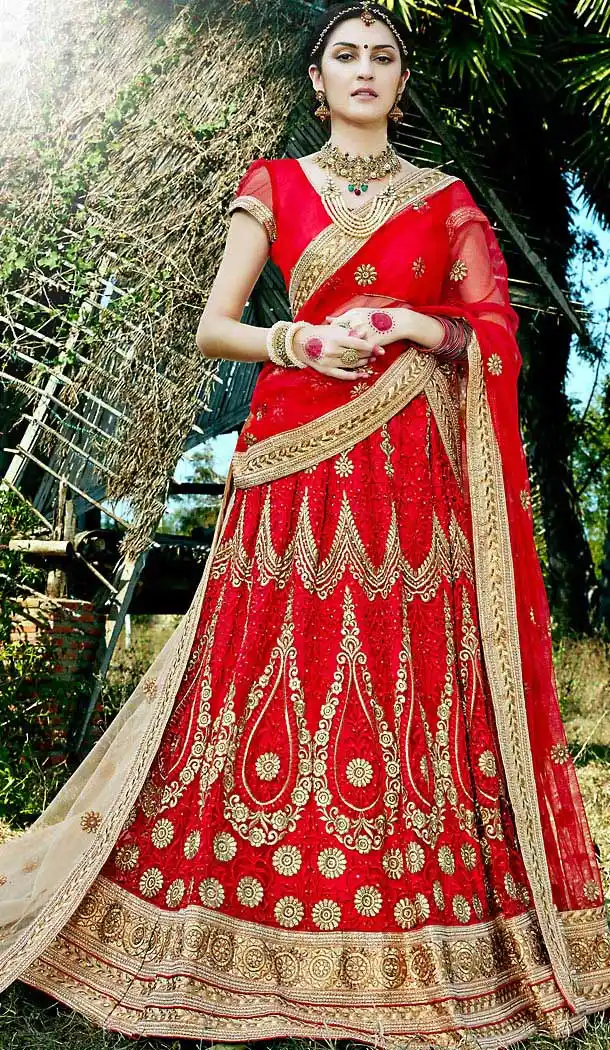 Traditional Look Deep Scarlet Net circular Style Lehenga Choli | FH468972896