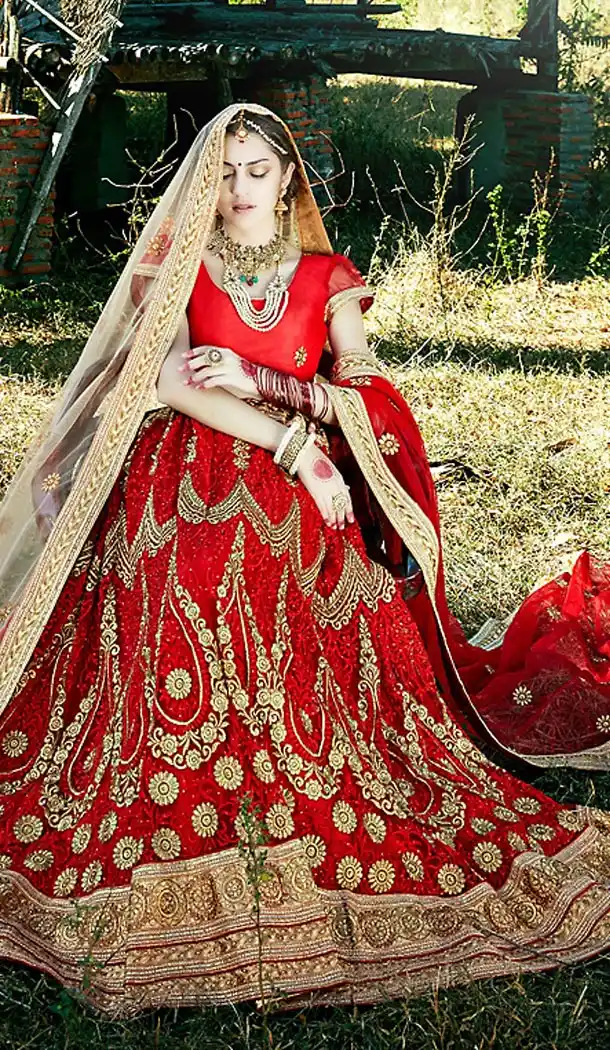 Traditional Deep Scarlet Net circular Style Lehenga Choli | FH468972897
