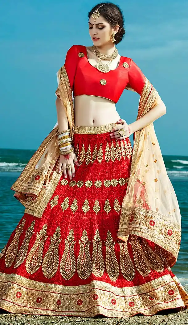 Designer Look Deep Scarlet Exquisite Net Circular Style Lehenga Choli | FH468972899